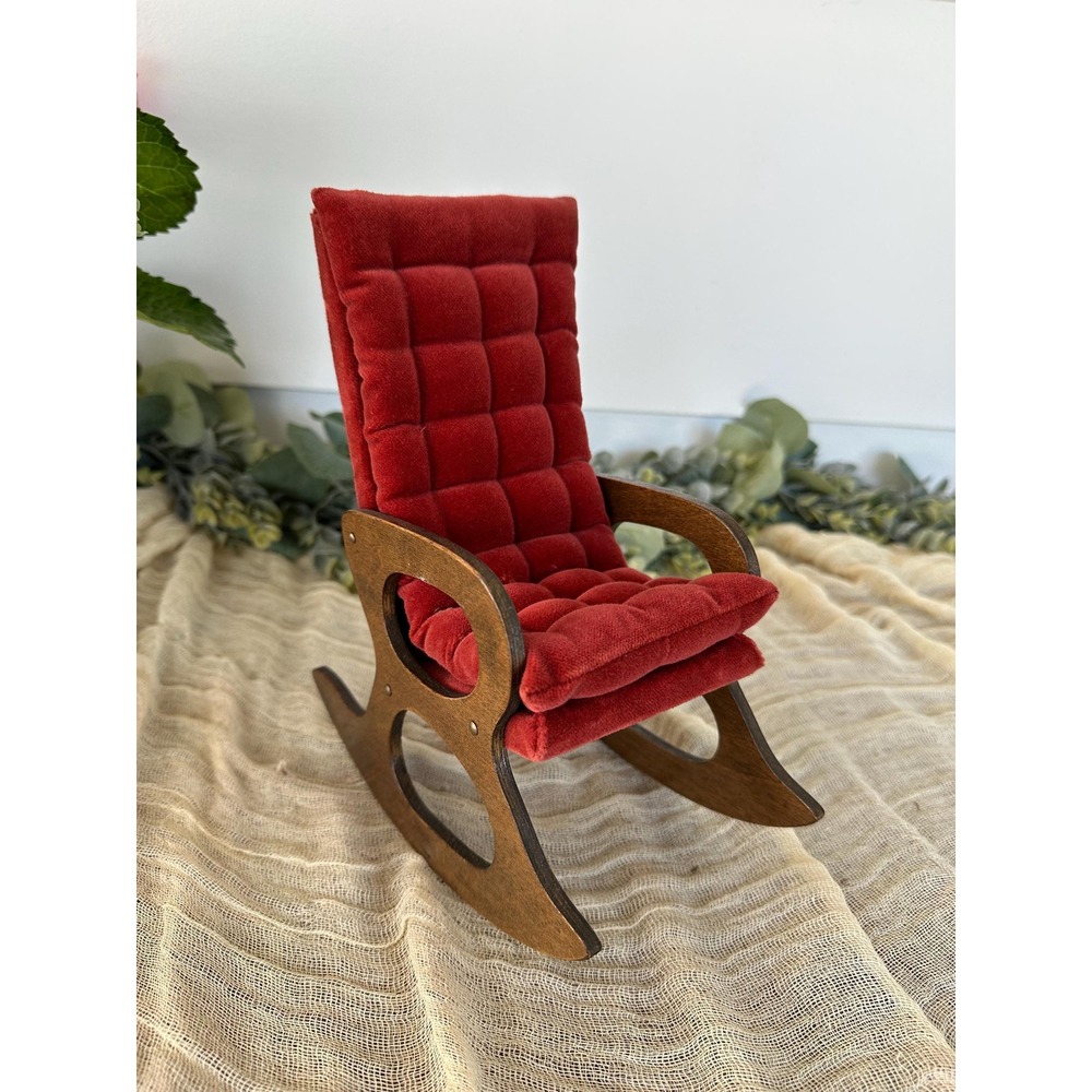 Plush Victorian Velvet Doll rocking Chair red burgundy holiday display wood
